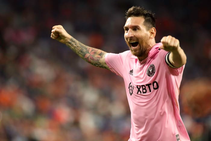 Lionel Messi pictured celebrating a goal scored by Leonardo Campana (not in shot) during Inter Miami's victory over FC Cincinnati in the semi-finals of the 2023 U.S. Open Cup